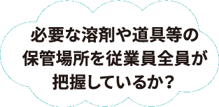 必要な溶剤や道具等の保管場所を従業員全員が把握しているか？