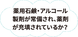 薬用石鹸・アルコール製剤が常備され、薬剤が充填されているか？