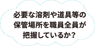 必要な溶剤や道具等の保管場所を職員全員が把握しているか？