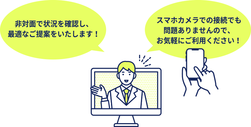 非対面で状況を確認し、最適なご提案をいたします！　スマホカメラでの接続でも問題ありませんので、お気軽にご利用ください！