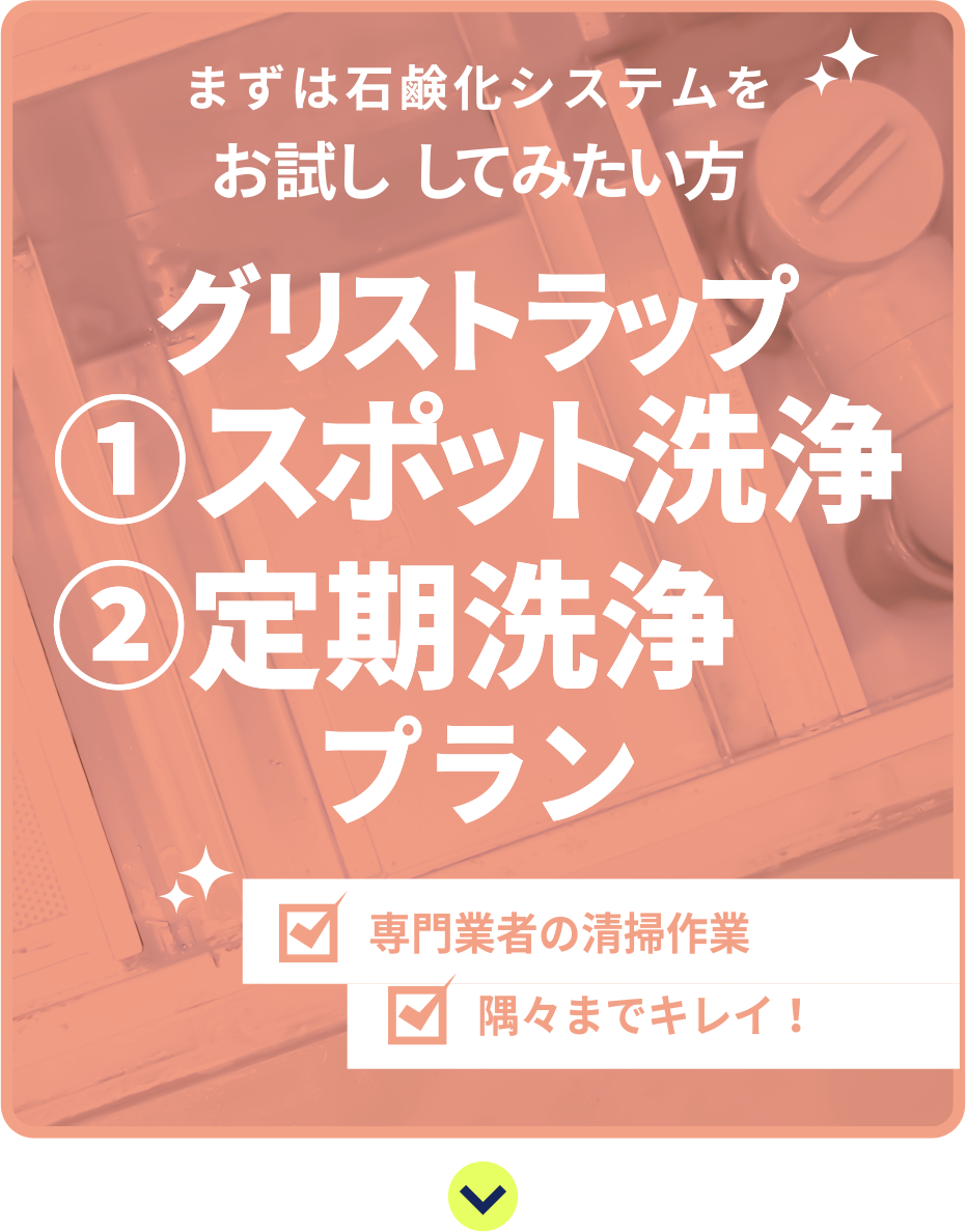 まずは石鹸化システムをお試ししてみたい方　グリストラップ　①スポット洗浄　②定期洗浄プラン　専門業者の清掃作業　隅々までキレイ！