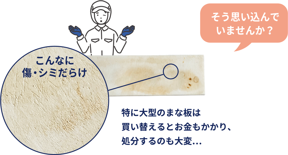 そう思い込んでいませんか？　こんなに傷・シミだらけ　特に大型のまな板は買い替えるとお金もかかり、処分するのも大変…