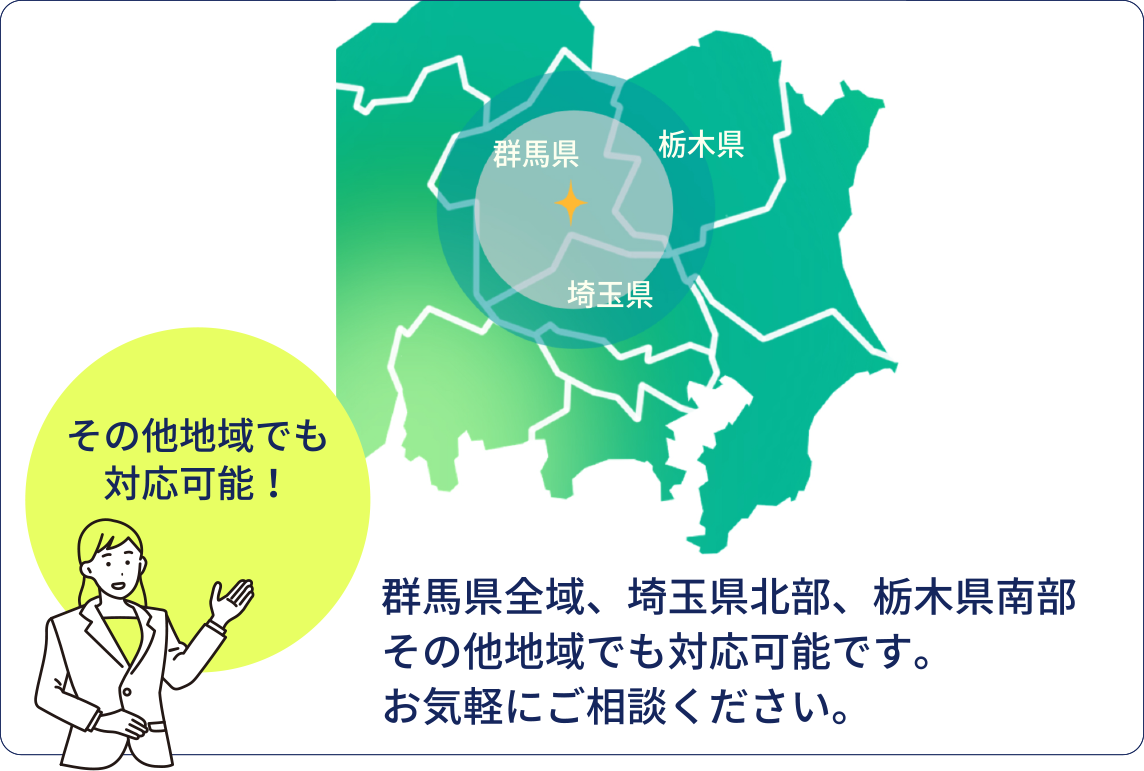 群馬県全域、埼玉県北部、栃木県南部　その他地域でも対応可能です。お気軽にご相談ください。その他地域でも対応可能！